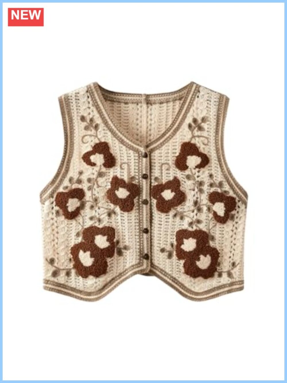 Sleeveless Crochet Knit Sweater Vest Button Front V Neck Plaid Checkered